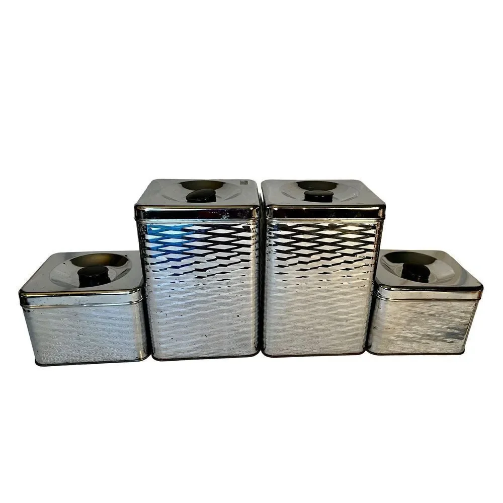 Vintage 4 Piece MCM Chrome/Black Wavy Diamond Textured Canister Set READ